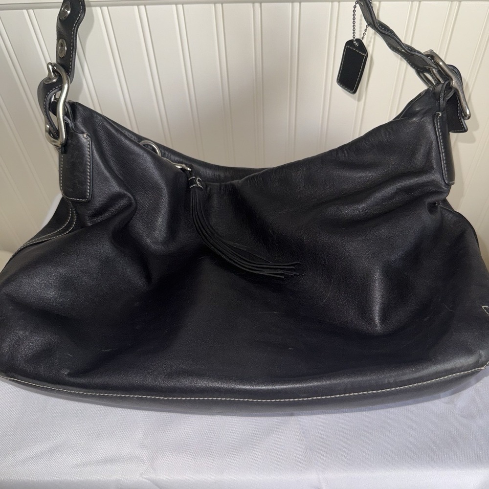 Vintage COACH BLACK East/West Soft Leather Duffle TASSEL Hobo Shoulder Bag Purse